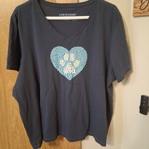 Life Is Good Navy V-Neck Tee with Aqua Heart Paw Graphic